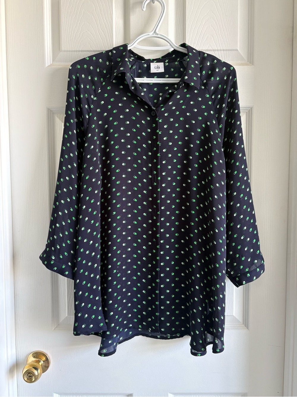 CAbi Navy Tunic with Green Dot Print